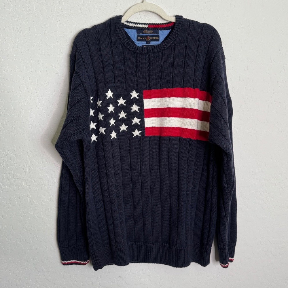 VTG Tommy Hilfiger Mens 100% Cotton Sweater L Navy American Flag Handknit Ribbed